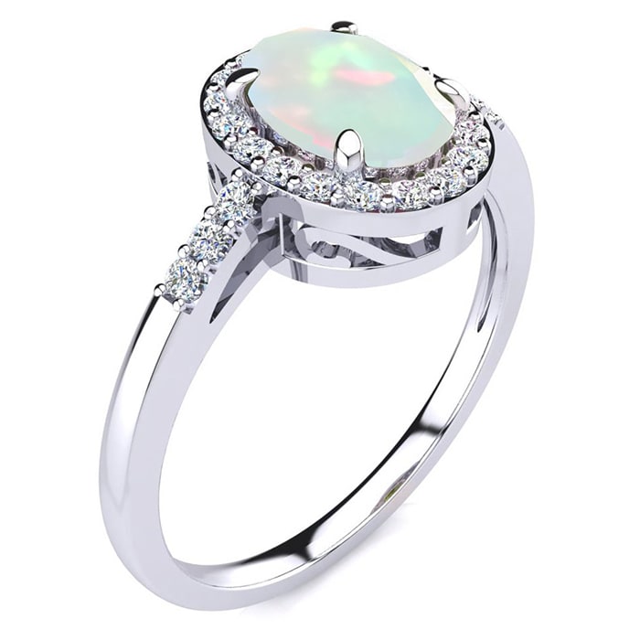 Opal Ring: 1 Carat Oval Shape Created Opal and Halo Diamond Ring In Sterling Silver