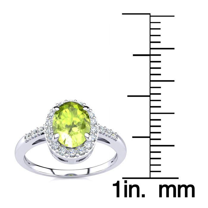 Peridot Ring: 1 Carat Oval Shape Peridot and Halo Diamond Ring In Sterling Silver