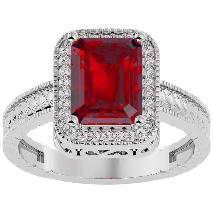 Ruby Ring: 2 3/4 Carat Emerald Shape Created Ruby and Diamond Ring In Sterling Silver