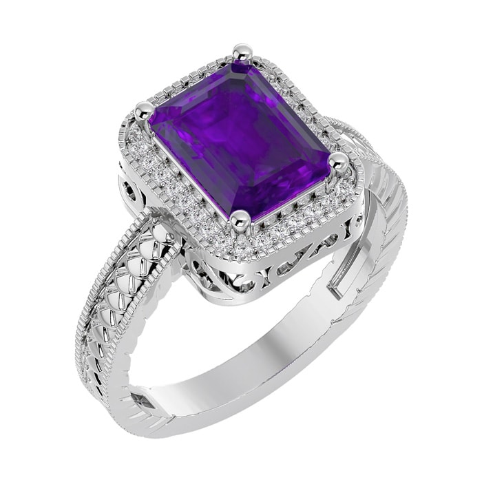 Amethyst Ring: 2 3/4 Carat Emerald Shape Amethyst and Diamond Ring In Sterling Silver
