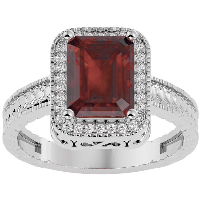 Garnet Ring: 2 3/4 Carat Emerald Shape Garnet and Diamond Ring In Sterling Silver