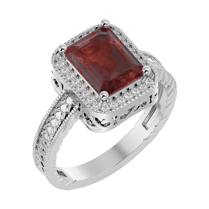 Garnet Ring: 2 3/4 Carat Emerald Shape Garnet and Diamond Ring In Sterling Silver