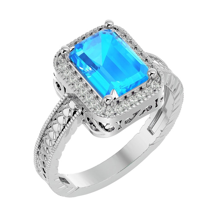 Blue Topaz Ring: 2 3/4 Carat Emerald Shape Blue Topaz and Diamond Ring In Sterling Silver
