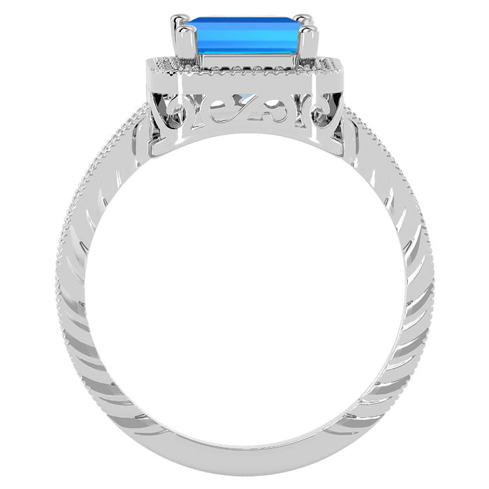 Blue Topaz Ring: 2 3/4 Carat Emerald Shape Blue Topaz and Diamond Ring In Sterling Silver