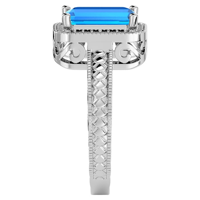 Blue Topaz Ring: 2 3/4 Carat Emerald Shape Blue Topaz and Diamond Ring In Sterling Silver