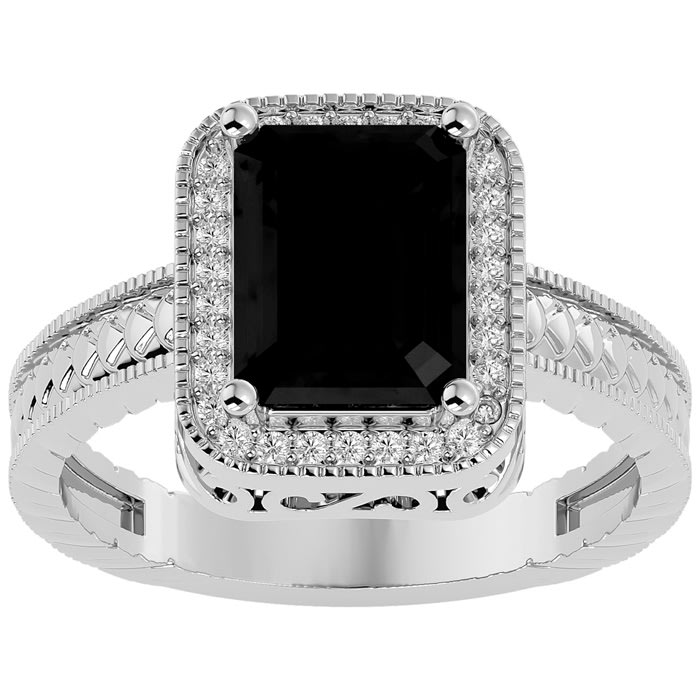 Black Onyx Ring: 2 3/4 Carat Emerald Shape Black Onyx and Diamond Ring In Sterling Silver