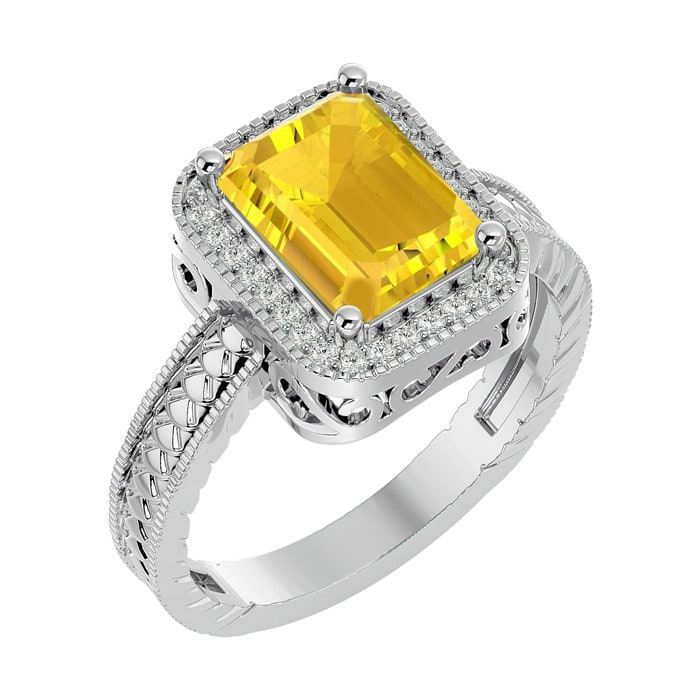 Citrine Ring: 2 3/4 Carat Emerald Shape Citrine and Diamond Ring In Sterling Silver