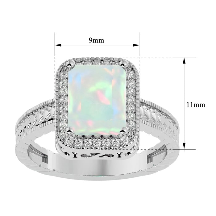 Opal Ring: 2 3/4 Carat Emerald Shape Created Opal and Diamond Ring In Sterling Silver