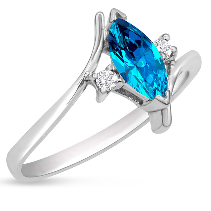 Blue Topaz Ring: 1/2 Carat Marquise Shape Blue Topaz and Diamond Ring In Sterling Silver
