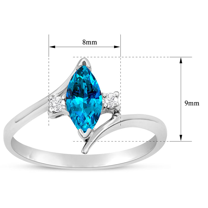 Blue Topaz Ring: 1/2 Carat Marquise Shape Blue Topaz and Diamond Ring In Sterling Silver