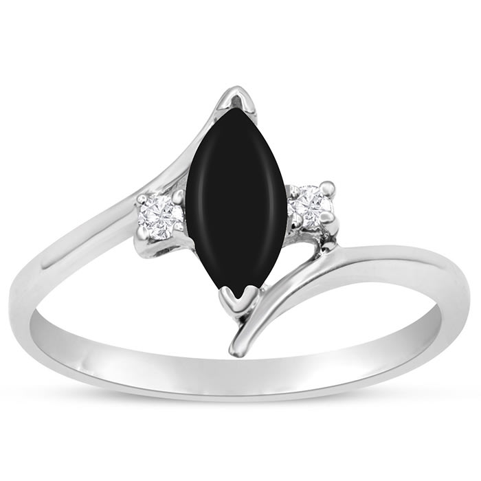 Black Onyx Ring: 1/2 Carat Marquise Shape Black Onyx and Diamond Ring In Sterling Silver