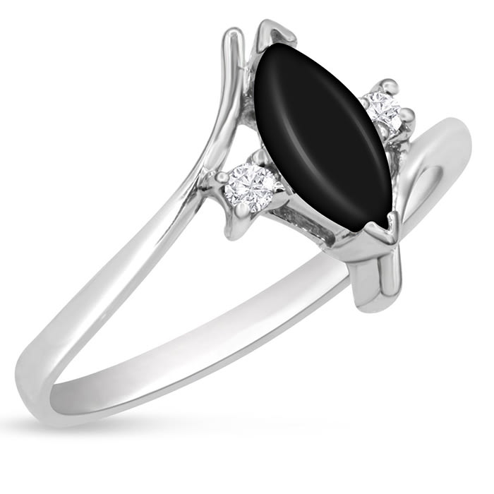 Black Onyx Ring: 1/2 Carat Marquise Shape Black Onyx and Diamond Ring In Sterling Silver