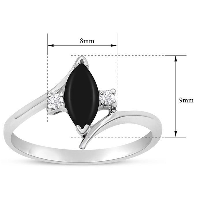 Black Onyx Ring: 1/2 Carat Marquise Shape Black Onyx and Diamond Ring In Sterling Silver
