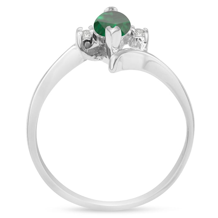 Emerald Ring: 1/2 Carat Marquise Shape Created Emerald and Diamond Ring In Sterling Silver