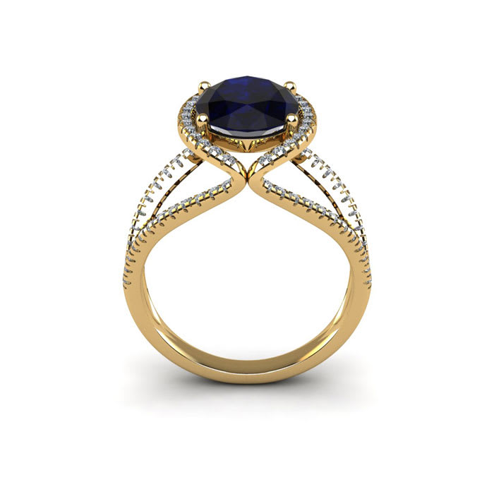 2 Carat Oval Shape Sapphire and Halo Diamond Ring In 14 Karat Yellow Gold