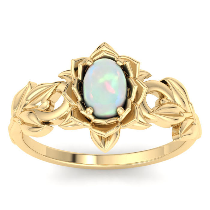3/4 Carat Oval Shape Opal Ring with Floral Design In 14K Yellow Gold