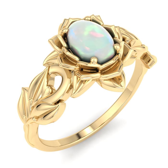 3/4 Carat Oval Shape Opal Ring with Floral Design In 14K Yellow Gold