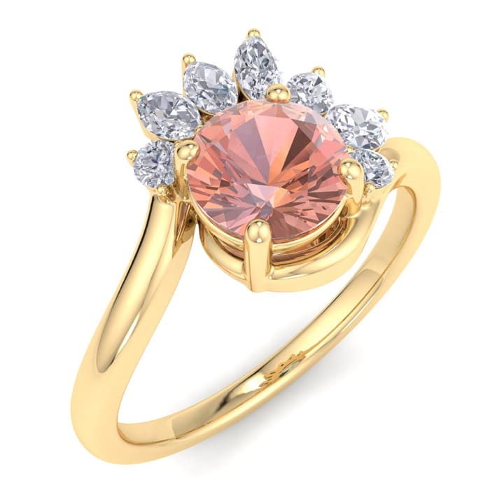 1-1/4 Carat Morganite and Marquise Crown Halo Diamond Ring In 14K Yellow Gold
