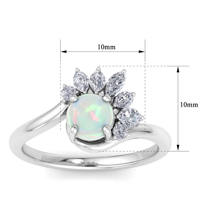 1-1/4 Carat Opal Ring with Marquise Diamond Crown Halo In 14K White Gold