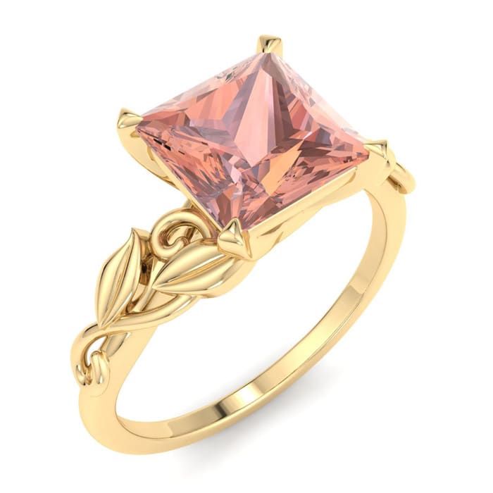 1-1/2 Carat Princess Shape Morganite Ornate Ring In 14K Yellow Gold
