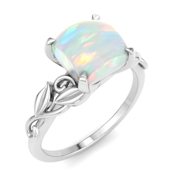 1-1/2 Carat Princess Shape Opal Ring with Floral Design In 14K White Gold