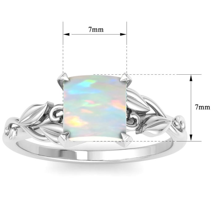 1-1/2 Carat Princess Shape Opal Ring with Floral Design In 14K White Gold