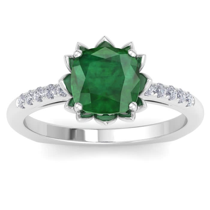 Emerald Ring: 1 1/2 Carat Cushion Cut Emerald and Diamond Ring