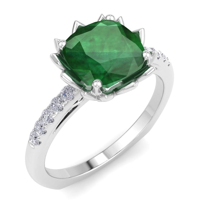 Emerald Ring: 1 1/2 Carat Cushion Cut Emerald and Diamond Ring