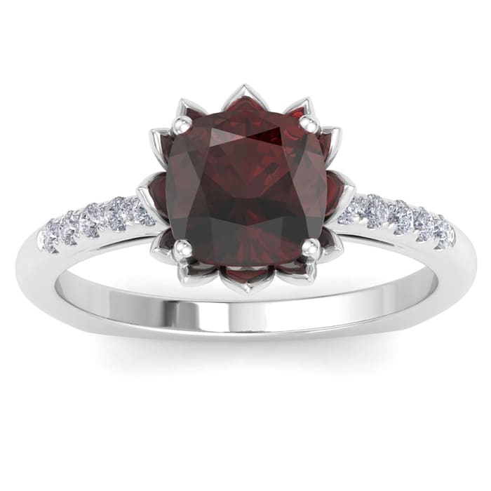 Garnet Ring: 1 1/2 Carat Cushion Cut Garnet and Diamond Ring