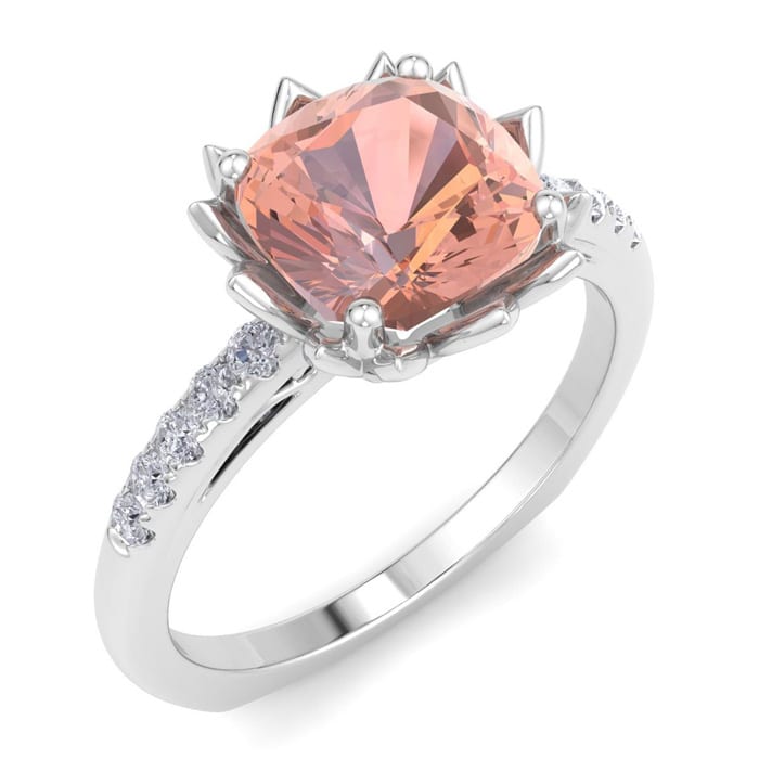 1-1/2 Carat Cushion Cut Morganite and Diamond Ring In 14K White Gold