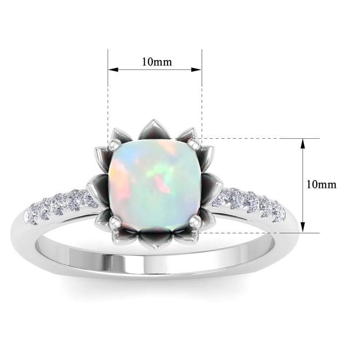 1-1/2 Carat Cushion Cut Opal and Diamond Ring In 14K White Gold