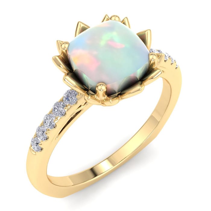 1-1/2 Carat Cushion Cut Opal and Diamond Ring In 14K Yellow Gold