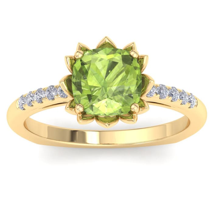 Peridot Ring: 1 1/2 Carat Cushion Cut Peridot and Diamond Ring