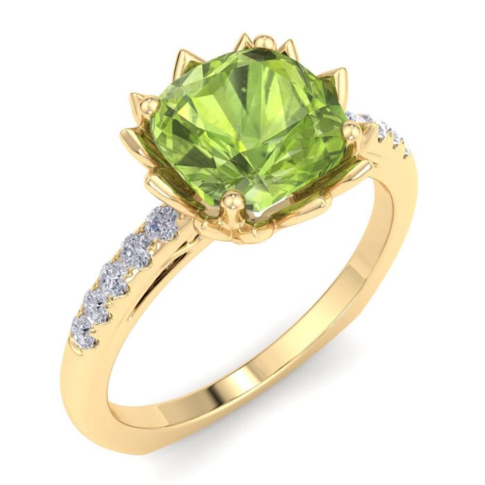 Peridot Ring: 1 1/2 Carat Cushion Cut Peridot and Diamond Ring