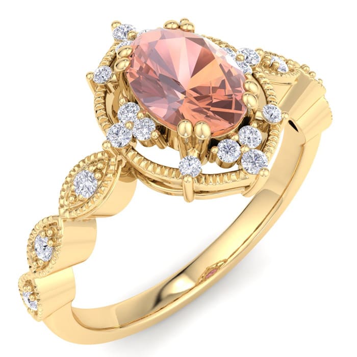 1 Carat Morganite and Halo Diamond Ring In 14K Yellow Gold