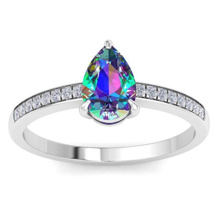 1-1/4 Carat Pear Shape Mystic Topaz Ring and Diamonds In 14 Karat White Gold