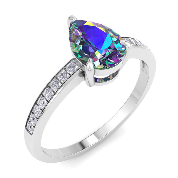 1-1/4 Carat Pear Shape Mystic Topaz Ring and Diamonds In 14 Karat White Gold