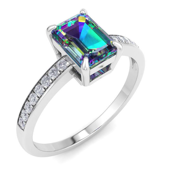 1-1/4 Carat Octagon Shape Mystic Topaz Ring and Diamonds In 14 Karat White Gold