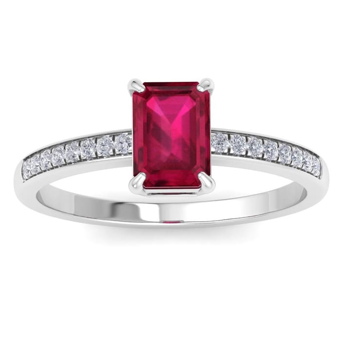 Ruby Ring: 1 1/4 Carat Emerald Shape Ruby and Diamond Ring