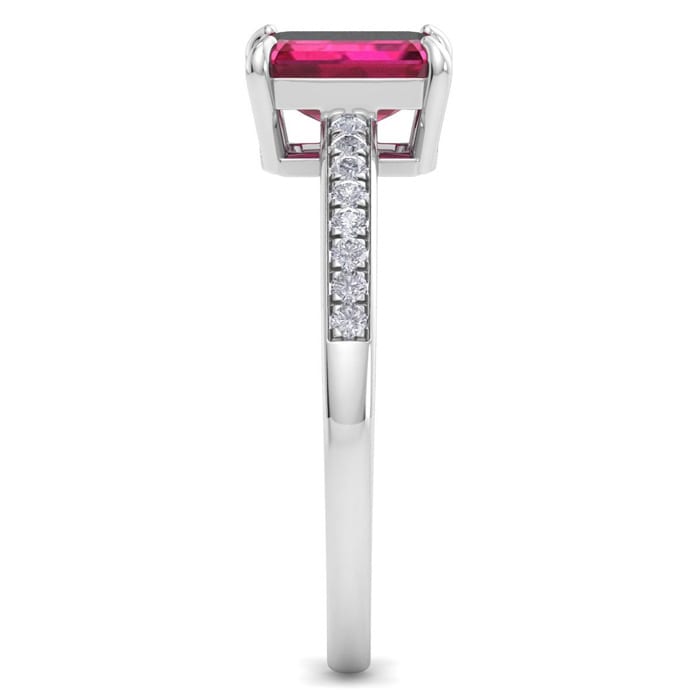 Ruby Ring: 1 1/4 Carat Emerald Shape Ruby and Diamond Ring