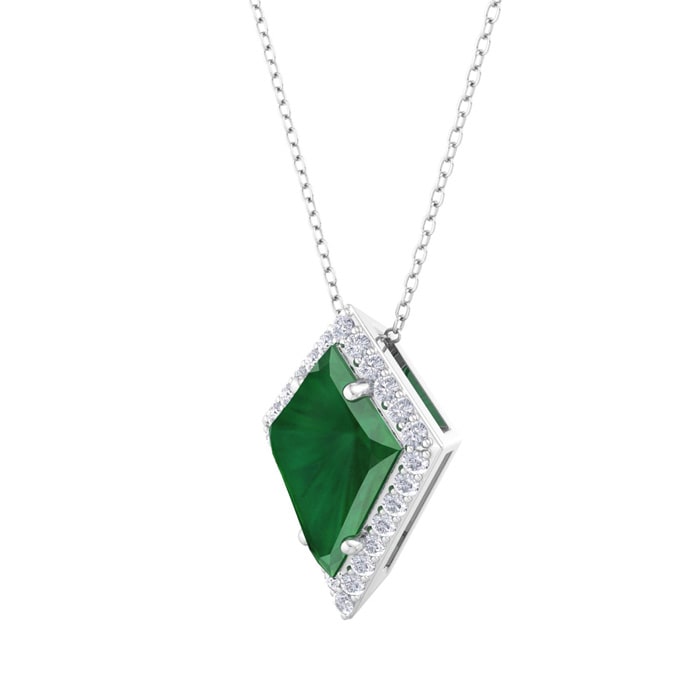 1-3/4 Carat Kite Shape Emerald Necklaces With Diamonds In 14K White Gold, 18 Inch Chain