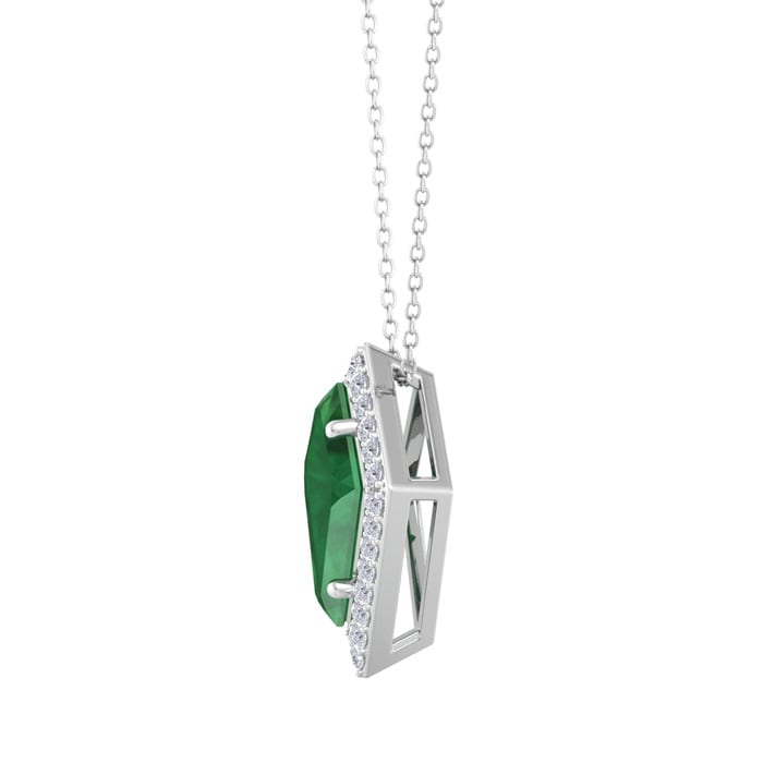 1-3/4 Carat Kite Shape Emerald Necklaces With Diamonds In 14K White Gold, 18 Inch Chain
