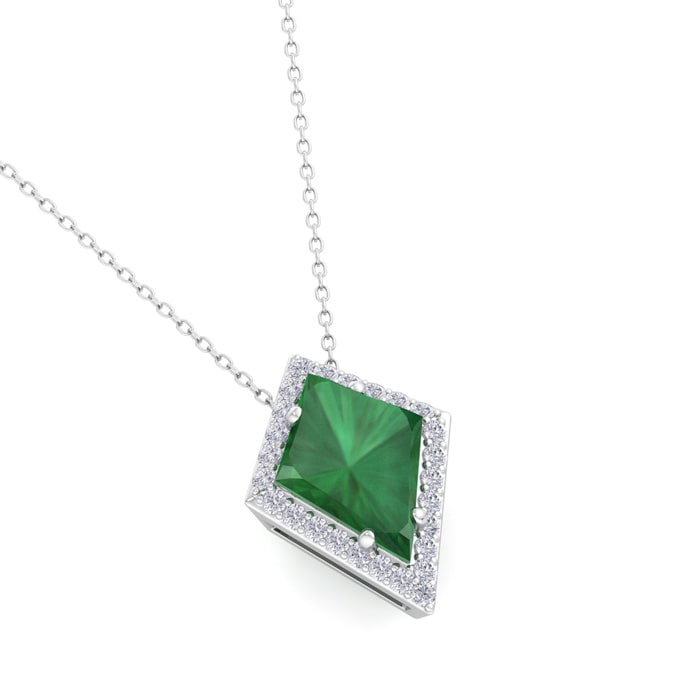 1-3/4 Carat Kite Shape Emerald Necklaces With Diamonds In 14K White Gold, 18 Inch Chain