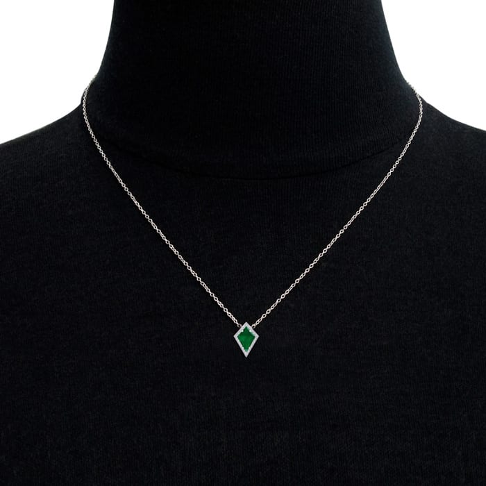 1-3/4 Carat Kite Shape Emerald Necklaces With Diamonds In 14K White Gold, 18 Inch Chain