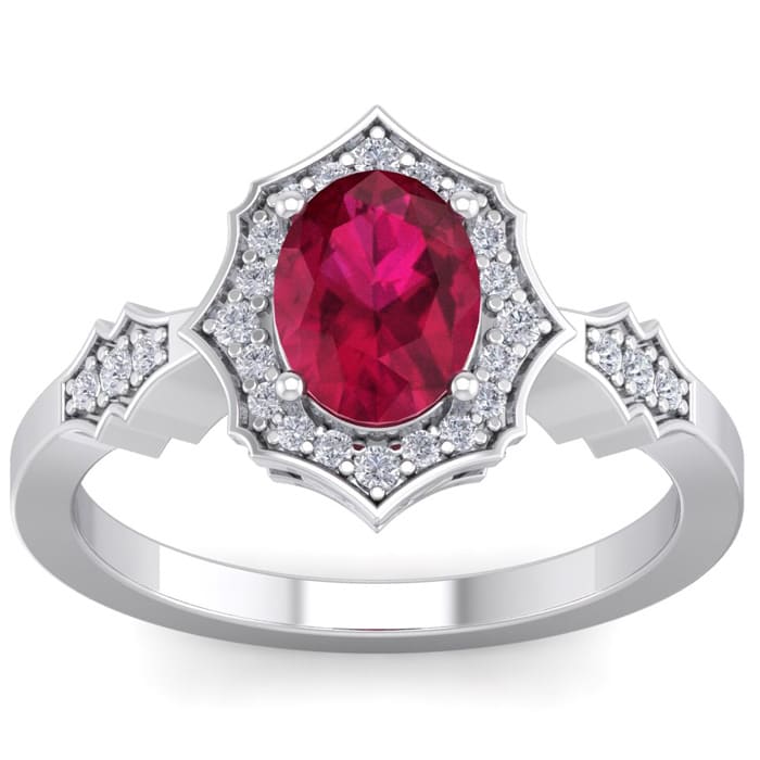 Ruby Ring: 1 1/2 Carat Oval Shape Created Ruby and Halo Diamond Ring In Sterling Silver