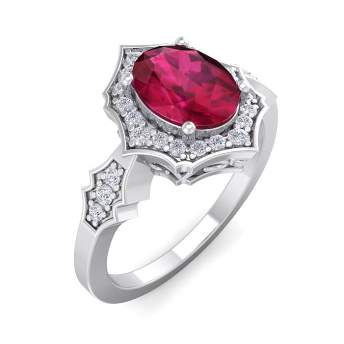 Ruby Ring: 1 1/2 Carat Oval Shape Created Ruby and Halo Diamond Ring In Sterling Silver
