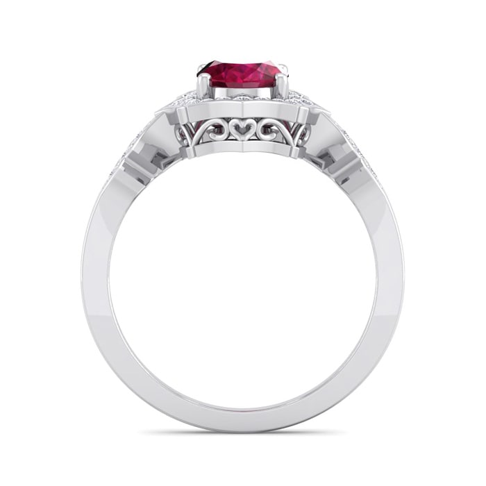 Ruby Ring: 1 1/2 Carat Oval Shape Created Ruby and Halo Diamond Ring In Sterling Silver