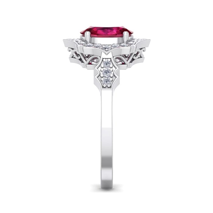 Ruby Ring: 1 1/2 Carat Oval Shape Created Ruby and Halo Diamond Ring In Sterling Silver