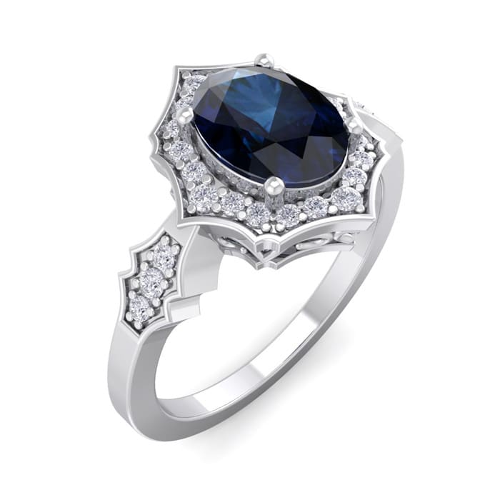 Sapphire Ring: 1 1/2 Carat Oval Shape Created Sapphire and Halo Diamond Ring In Sterling Silver
