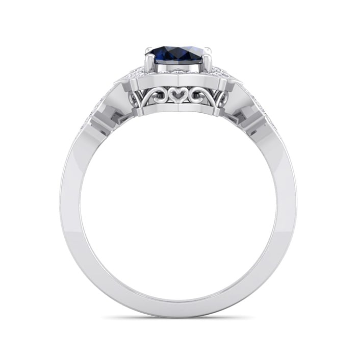 Sapphire Ring: 1 1/2 Carat Oval Shape Created Sapphire and Halo Diamond Ring In Sterling Silver